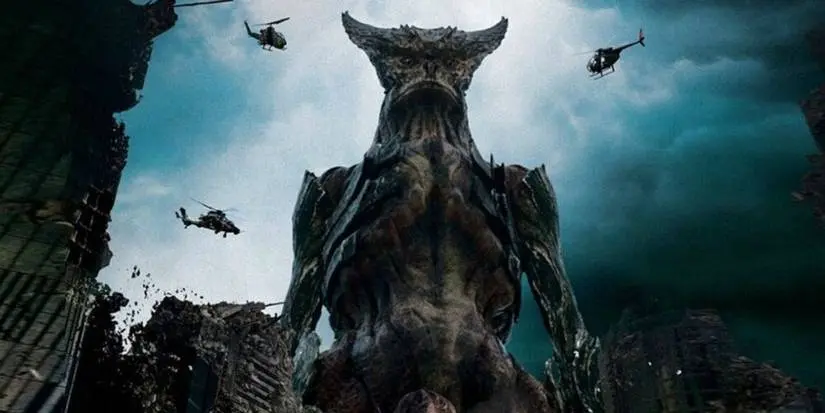 Helicopters are flying around the hulking monster from Colossal.