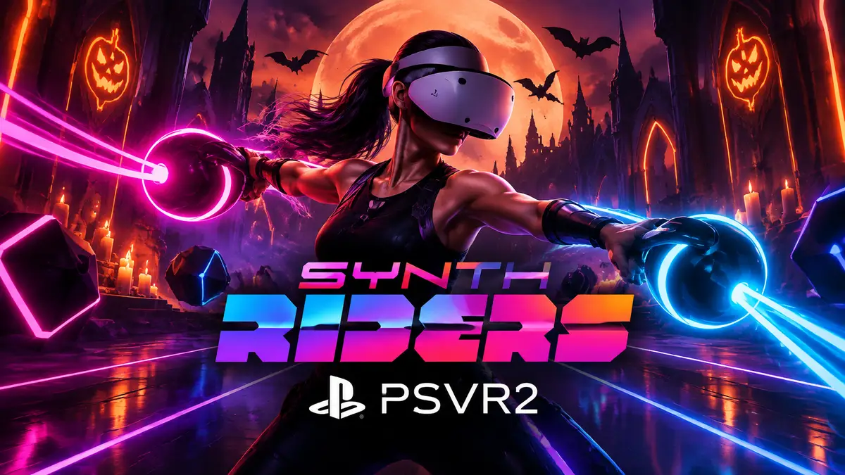 Неоновая сцена Synth Riders в VR с летучими мышами и хэллоуинским светом, ритм-игра для PSVR2