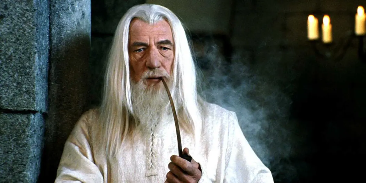 Ian McKellen as Gandalf smoking a pipe in The Lord of the Rings.