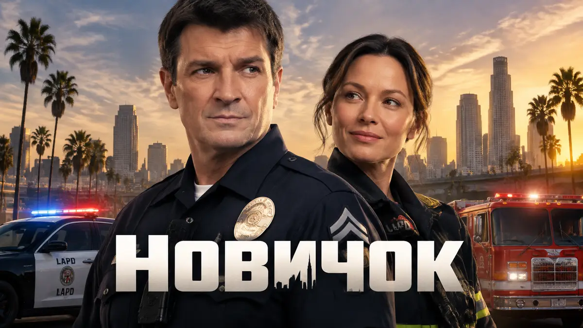 Джон Нолан в полицейской форме LAPD и пожарная Бейли Нун на фоне Лос-Анджелеса, постер сериала «Новичок»
