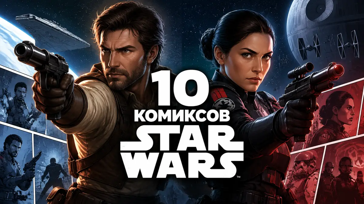 Кайл Катарн и Иден Версио с бластерами на фоне звёзд, постер комиксов Star Wars по мотивам видеоигр