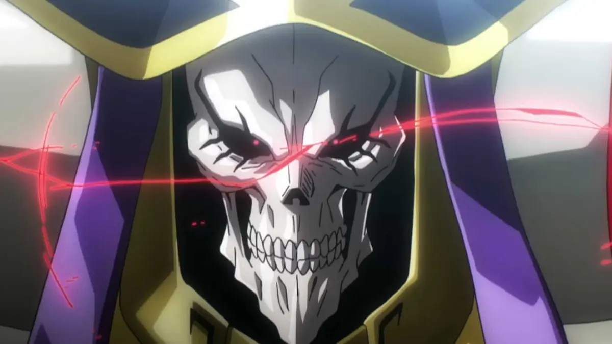 Ainz Ooal Gown's skeletal face grinning in Overlord