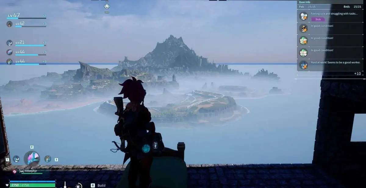 Palworld character looking out at a beautiful view from their base