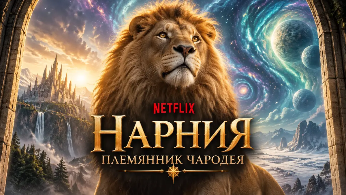 Величественный лев Аслан на фоне психоделического неба, постер фильма «Нарния: Племянник чародея» Netflix