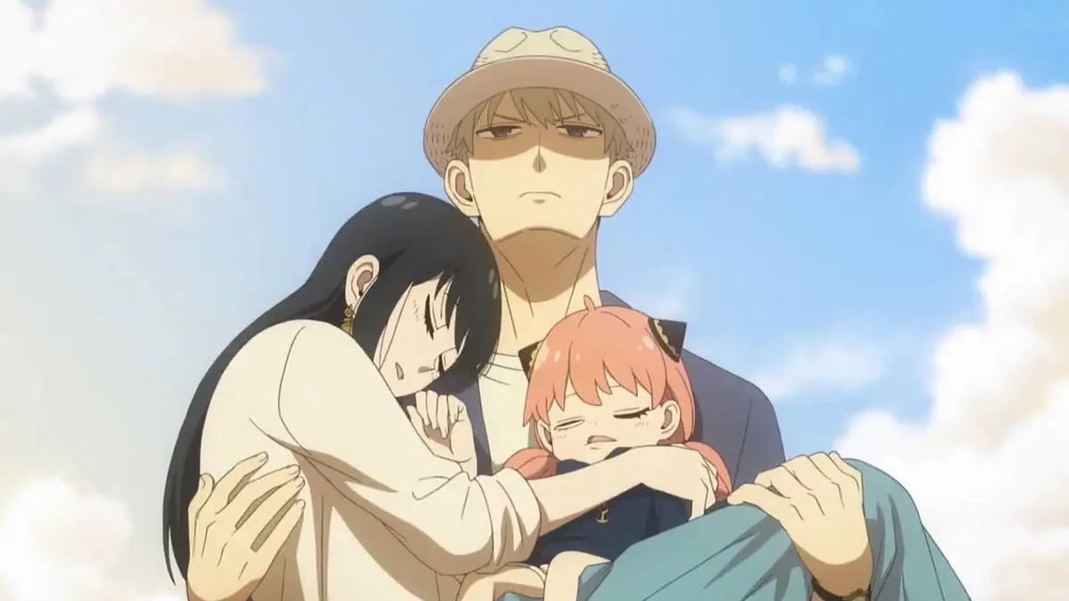 Loid Forger carries Yor and Anya on vacation in Spy x Family.