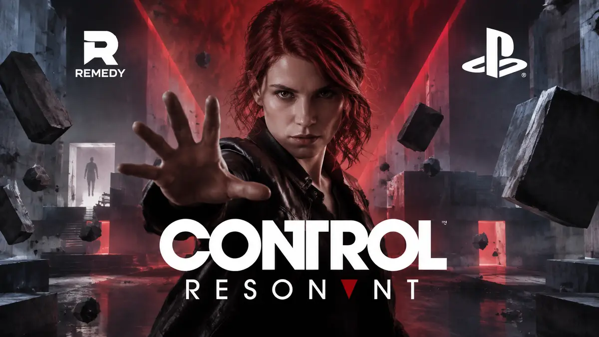 Героиня Control Resonant в центре на фоне брутальных бетонных залов, логотип игры Remedy и PlayStation