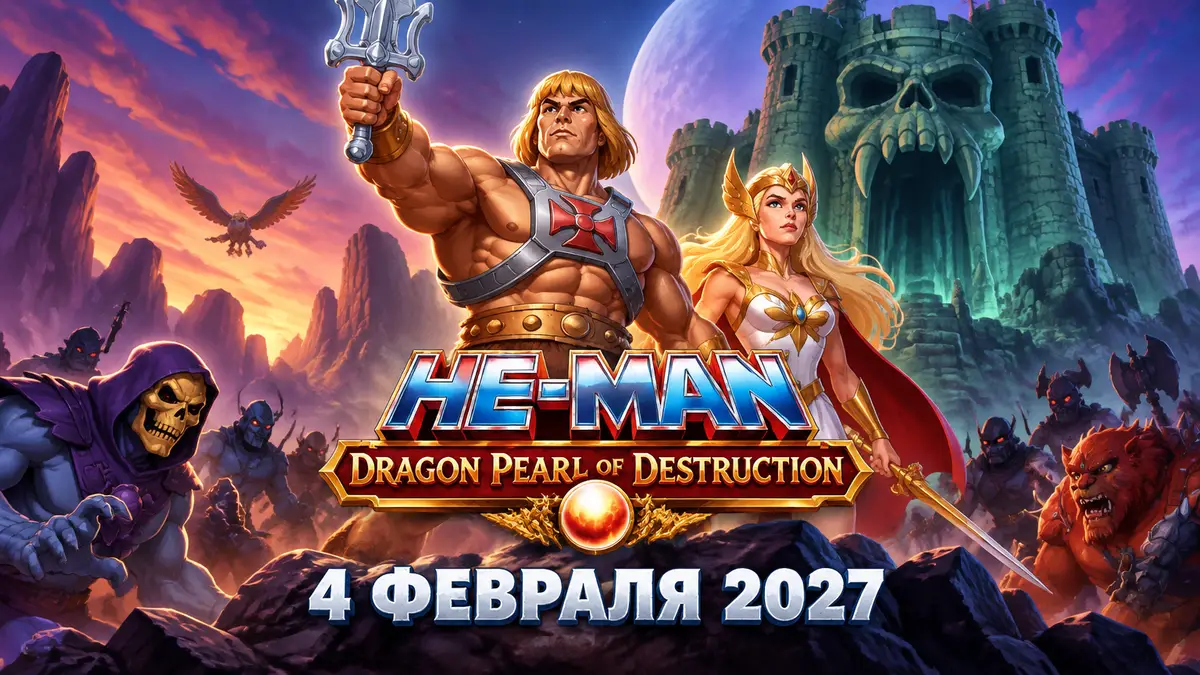 He-Man с поднятым мечом и She-Ra на фоне замка Eternia, постер beat 'em up Dragon Pearl of Destruction