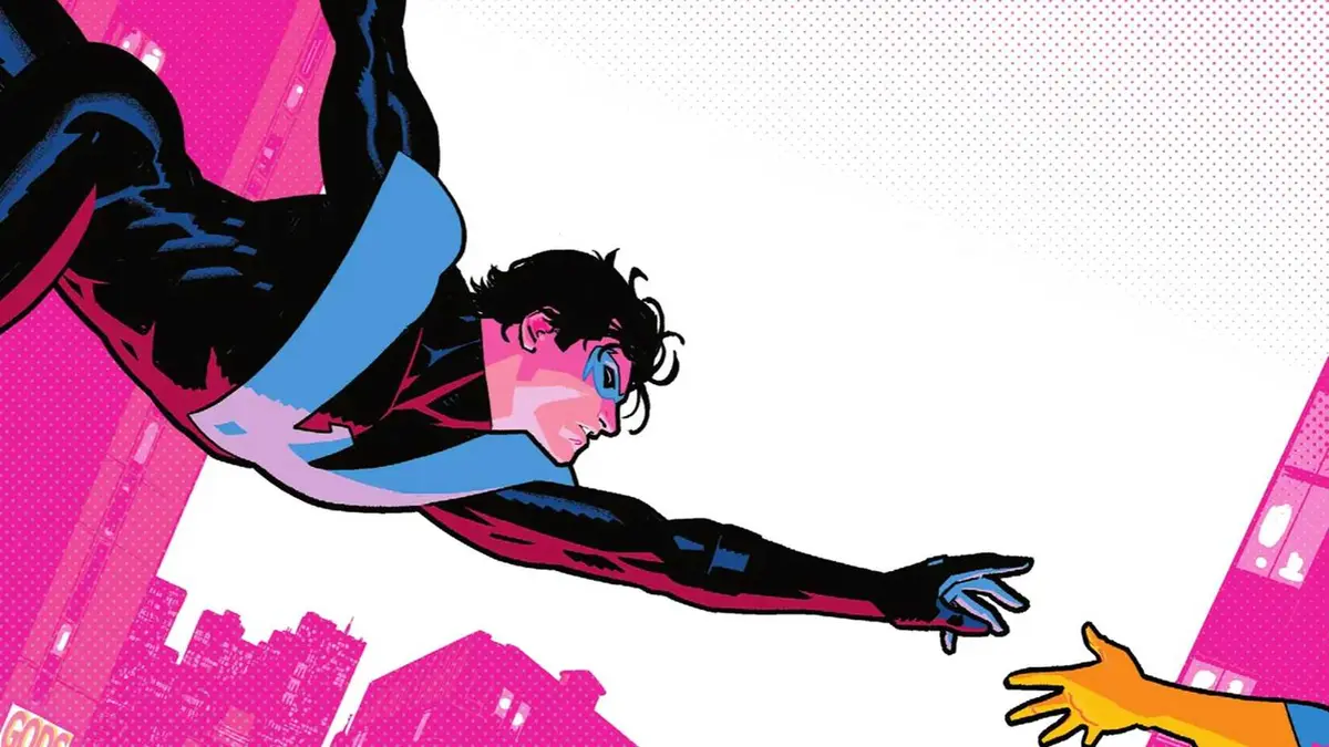 DC Comics Nightwing #79 Cover showing Dick Grayson flying through the skies reaching out for Batgirl