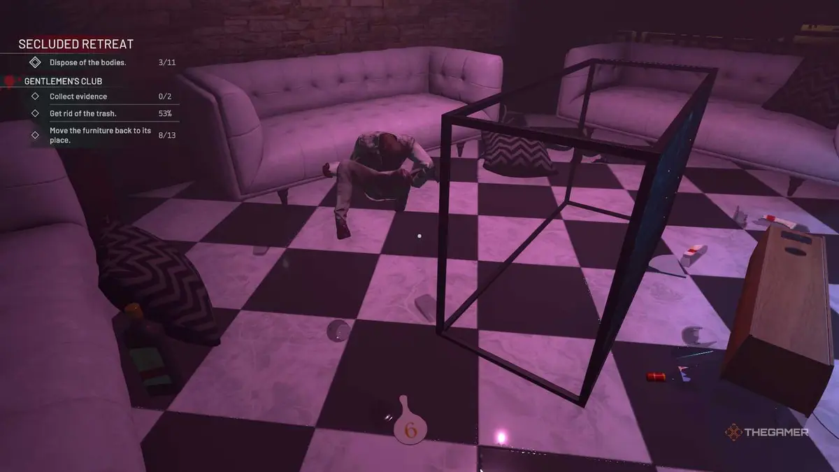 Crime Scene Cleaner overturned table with a body and white sofas.