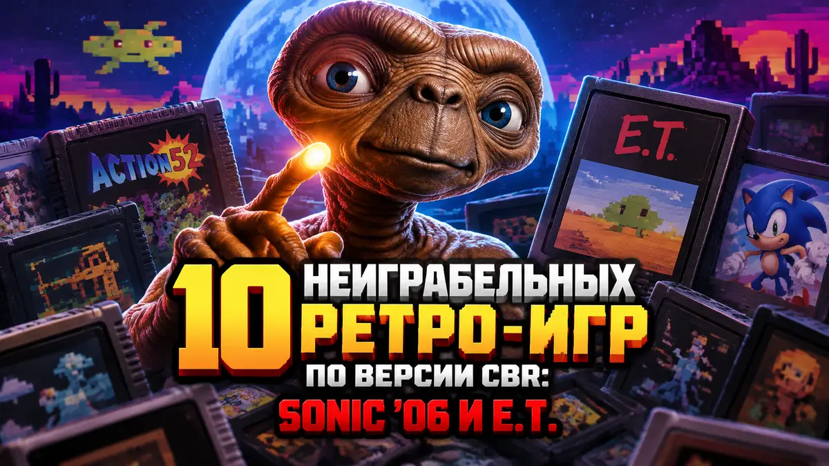 Инопланетянин E.T. в центре на фоне ретро-картриджей и пиксельных пейзажей, постер худших ретро-игр