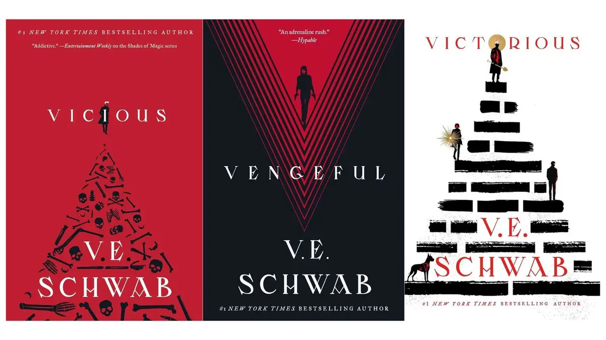 The Villians Trilogy by V.E. Schwab featuring graphic red, black, and white covers with small silhouetted characters