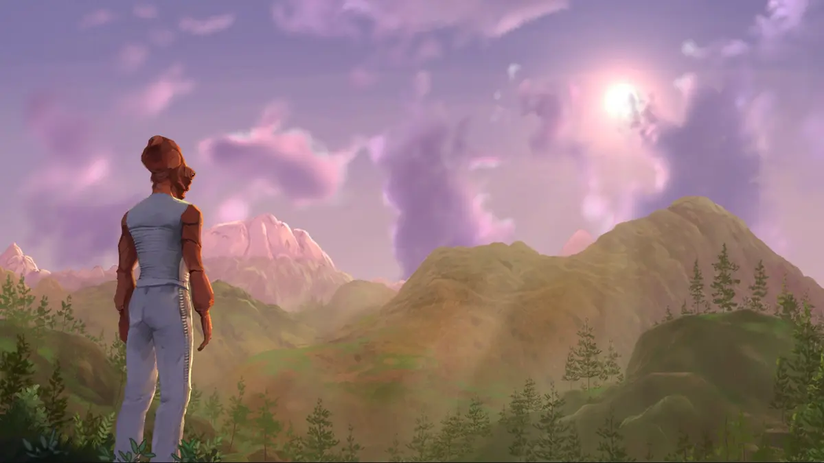 A Mon Calamari looks toward the sun rising over lush mountain ranges in Star Wars Galaxies