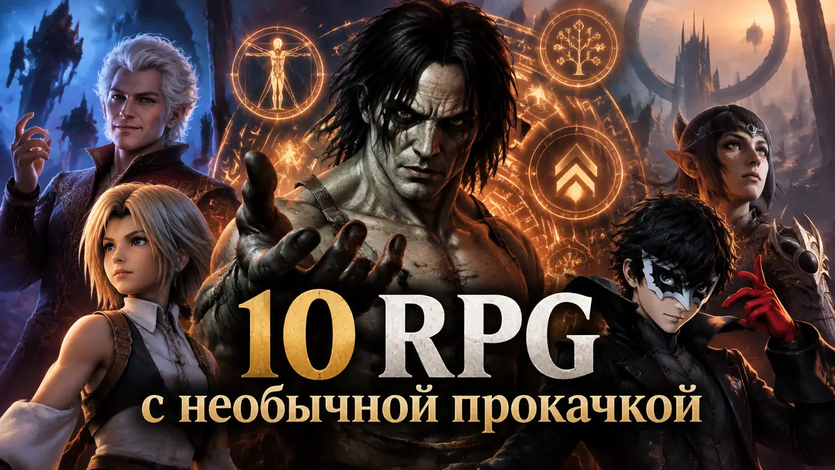 Nameless One из Planescape: Torment в окружении героев RPG с рунами прокачки и уровней на фоне