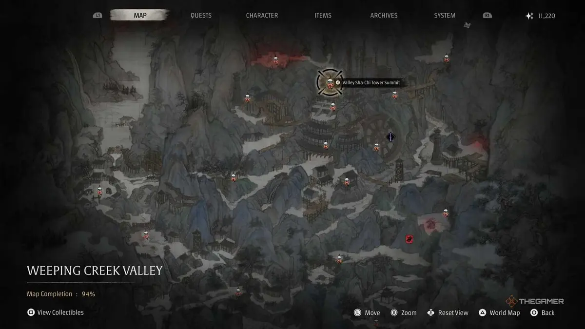 A map of weeping creek valley in Phantom Blade Zero.