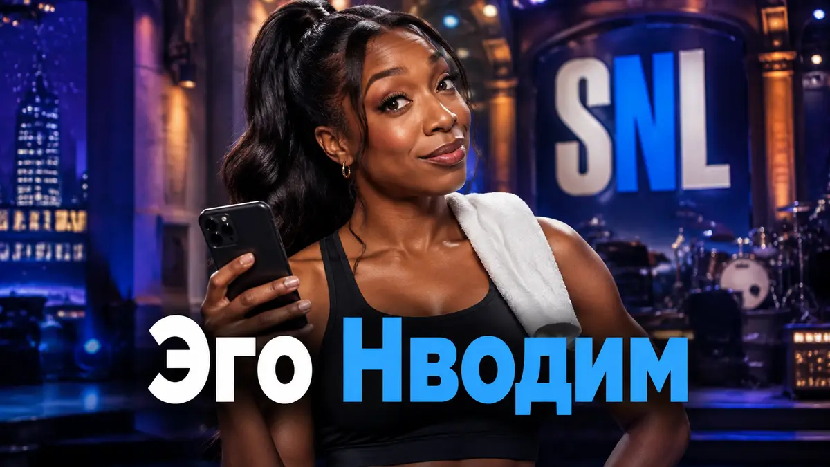 Комедийная актриса Эго Нводим в спортивной форме с телефоном на фоне неоновой сцены шоу SNL