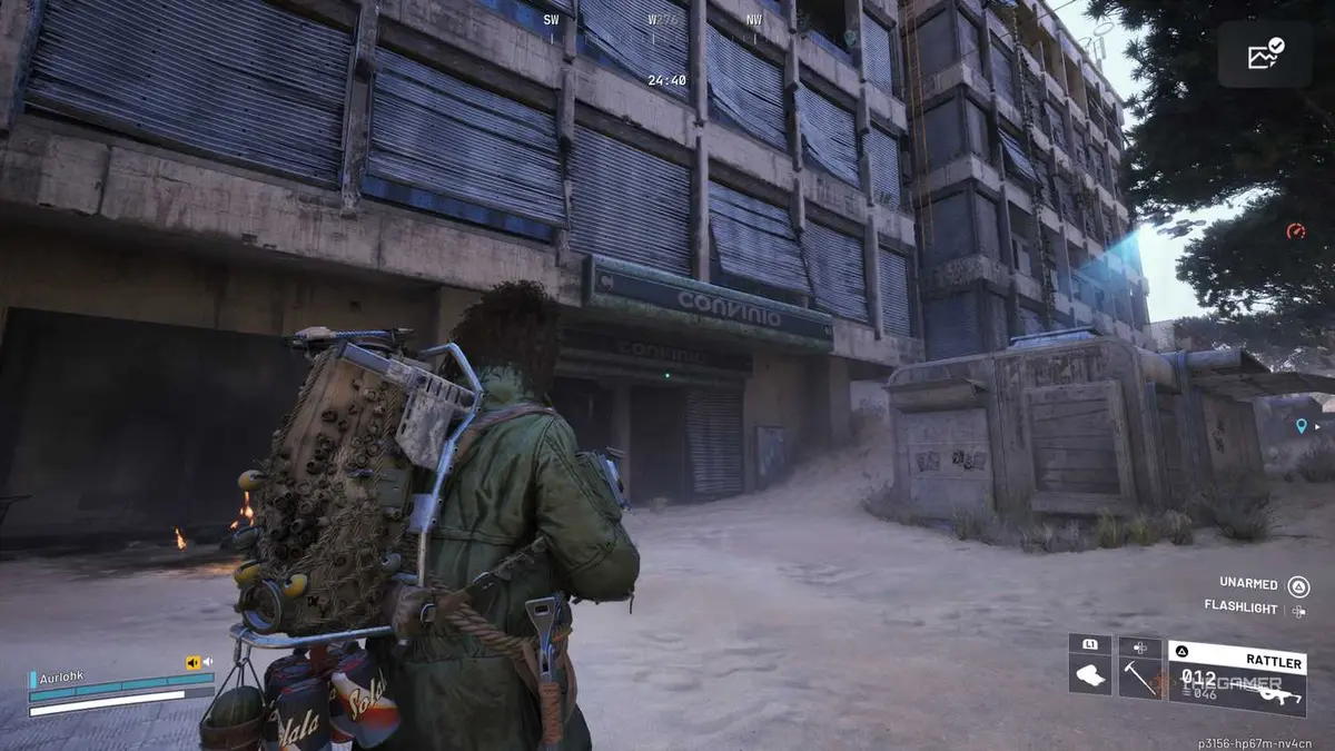 Player raider standing outside an apartment building with a store with a sign saying Convinio on it in Arc Raiders.