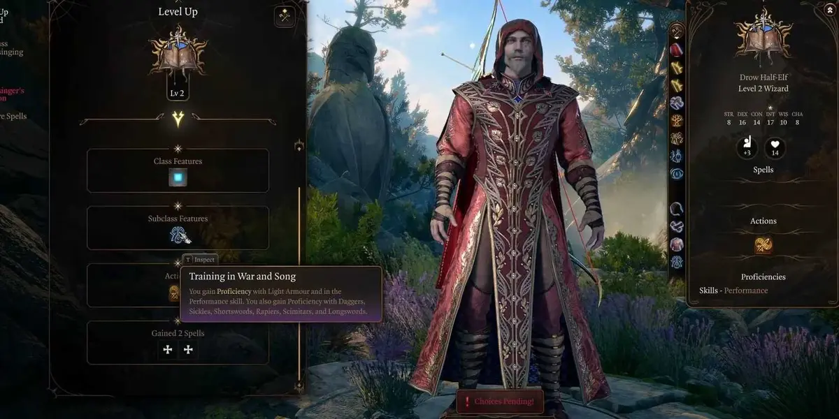 Baldur's Gate 3 Bladesinger Wizard leveling up and choosing the new subclass with stats and abilities displayed