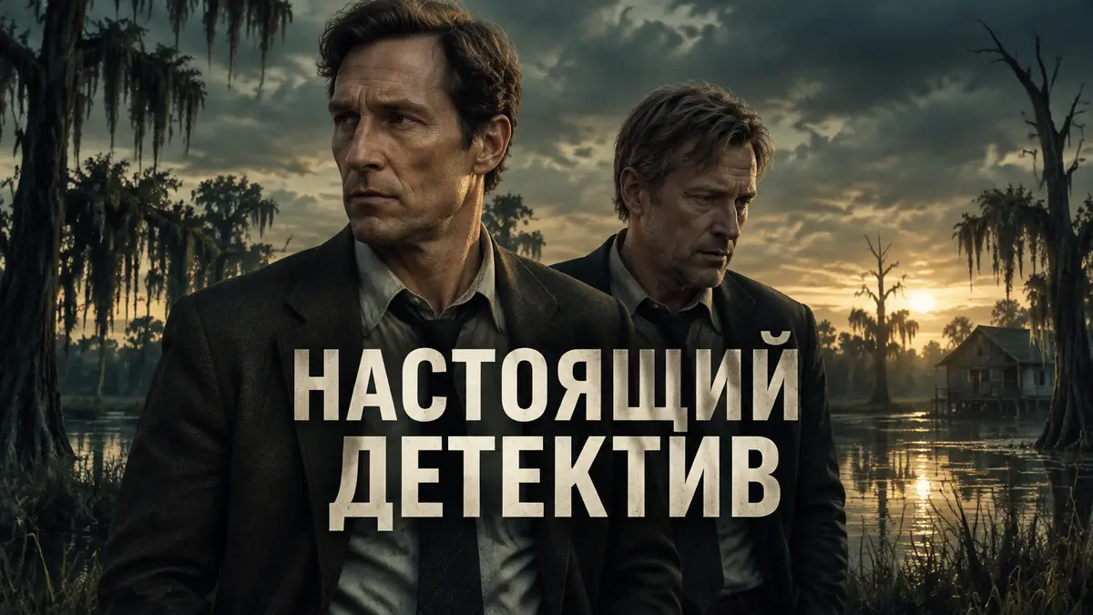 Два усталых детектива на фоне болот Луизианы под тяжёлым небом, постер в стиле «Настоящий детектив»