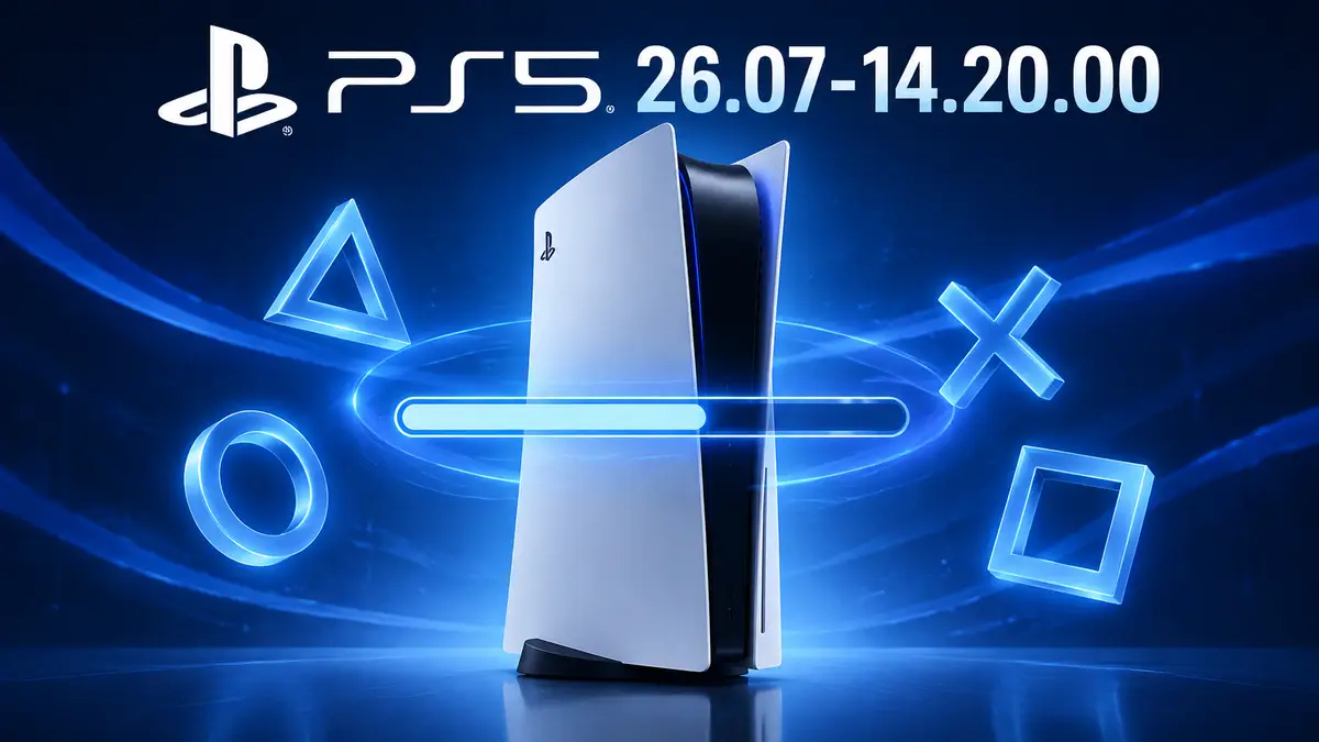 Белая консоль PS5 в центре на синем фоне, вокруг светятся символы PlayStation и полоса загрузки прошивки