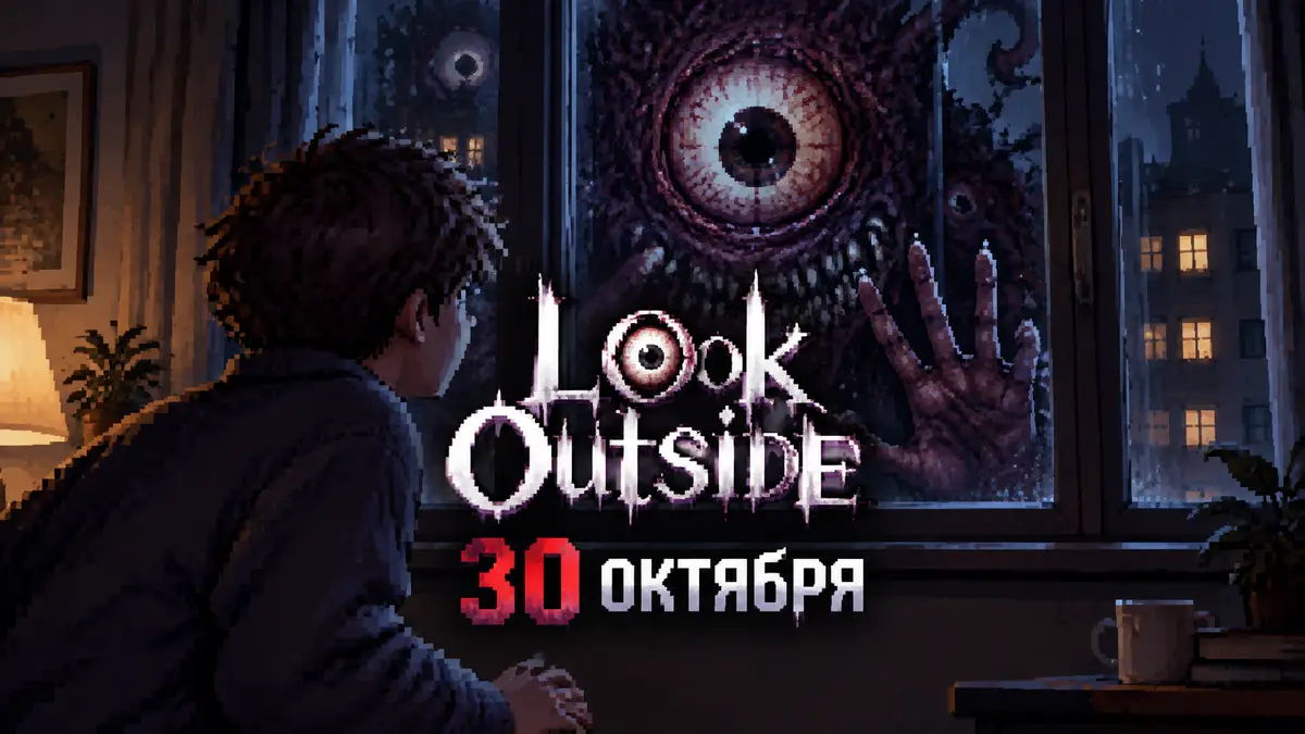 Постер хоррор-RPG Look Outside: пиксельный герой у окна многоквартирного дома, за стеклом гротескный монстр