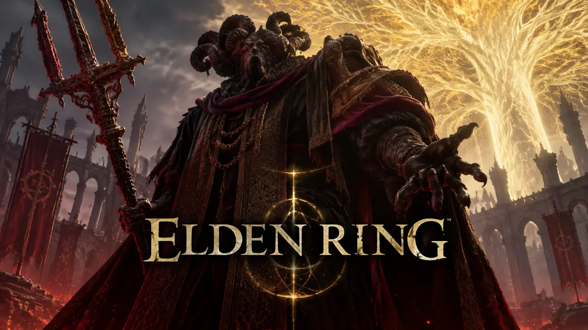 Мог, Владыка крови из Elden Ring, в тёмных одеждах с трезубцем на фоне золотого Древа Эрд, логотип игры