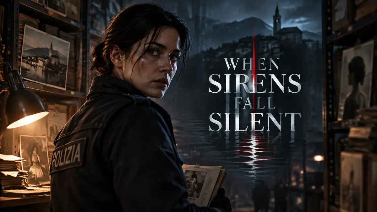 Полицейская Мила в полумраке архива, Италия 1990-х, логотип When Sirens Fall Silent, психологический триллер