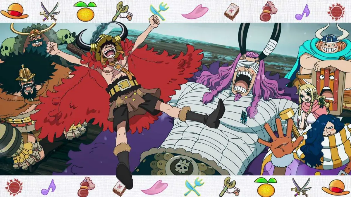 Monkey D. Luffy and friends in their Elbaph outfits having fun in One Piece.