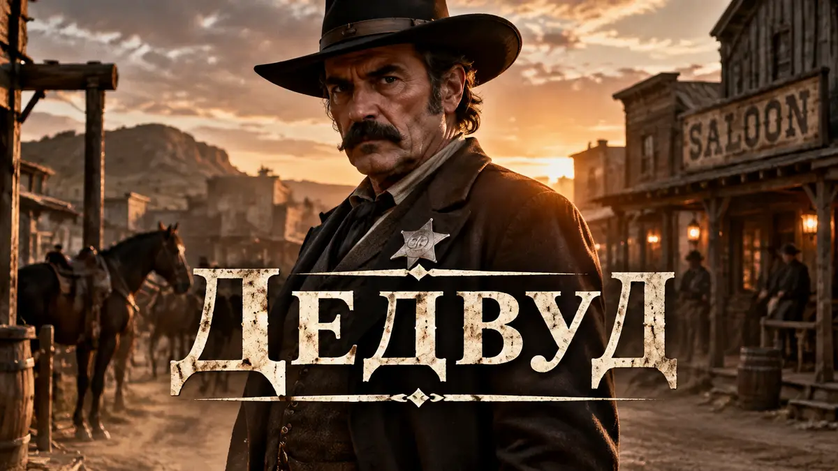 Постер вестерна «Дедвуд»: шериф в шляпе и со звездой на фоне пыльного городка фронтира и салуна