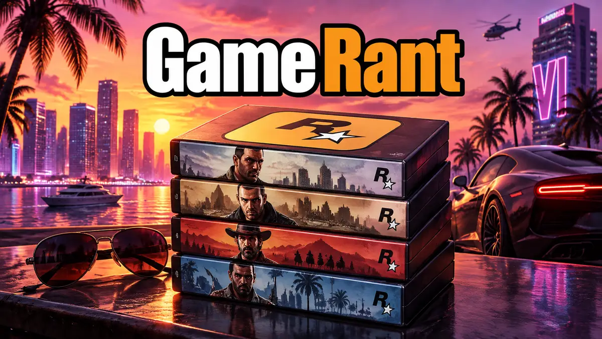 Постер в стиле Rockstar Games: неоновый город GTA 6 на закате и стопка сюжетных дополнений в центре