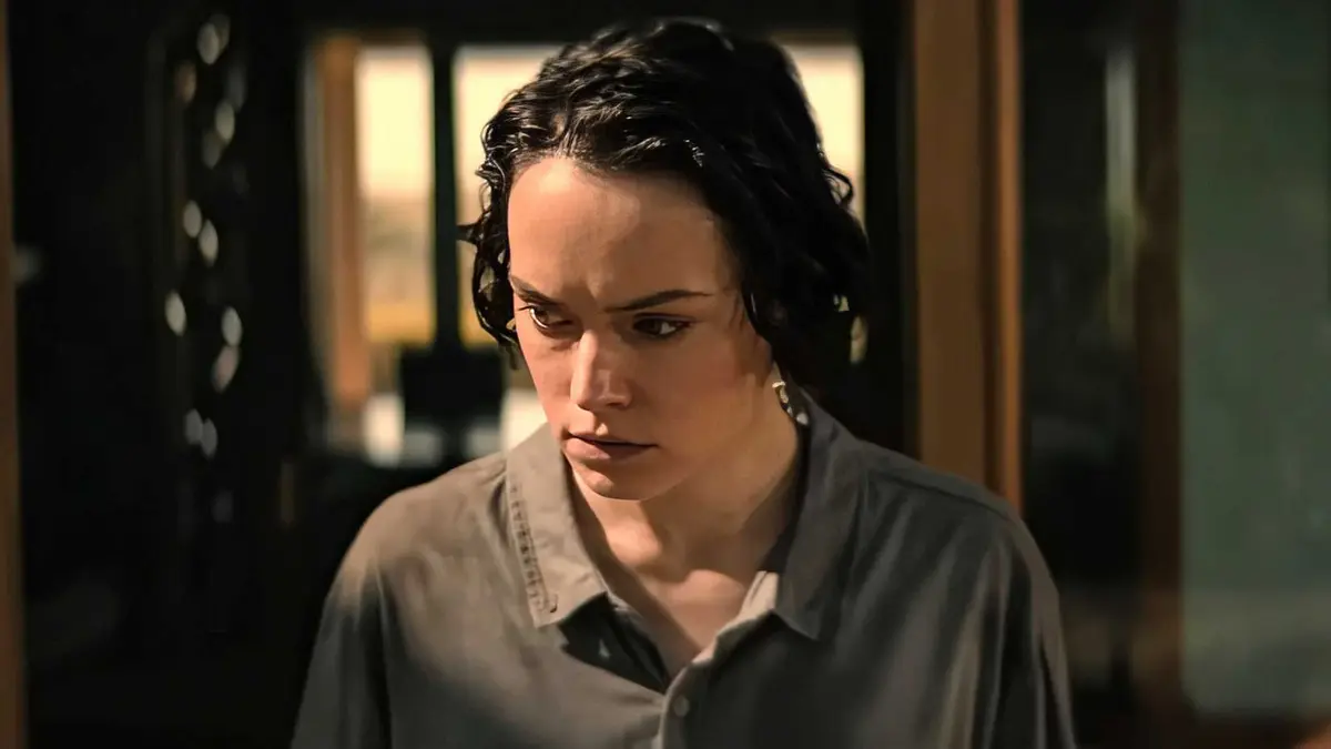 Daisy Ridley looking serious in We Bury the Dead