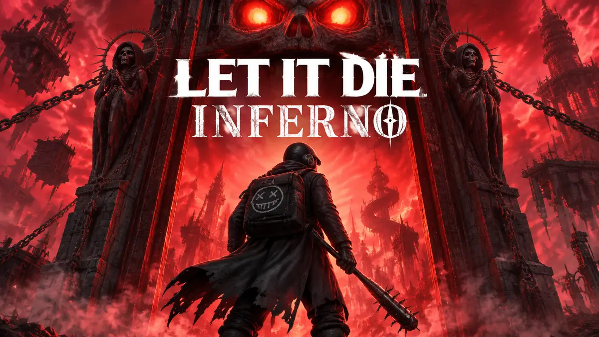 Постер LET IT DIE: INFERNO: боец у входа в мрачную пропасть Hell Gate, багровый адский свет и логотип игры