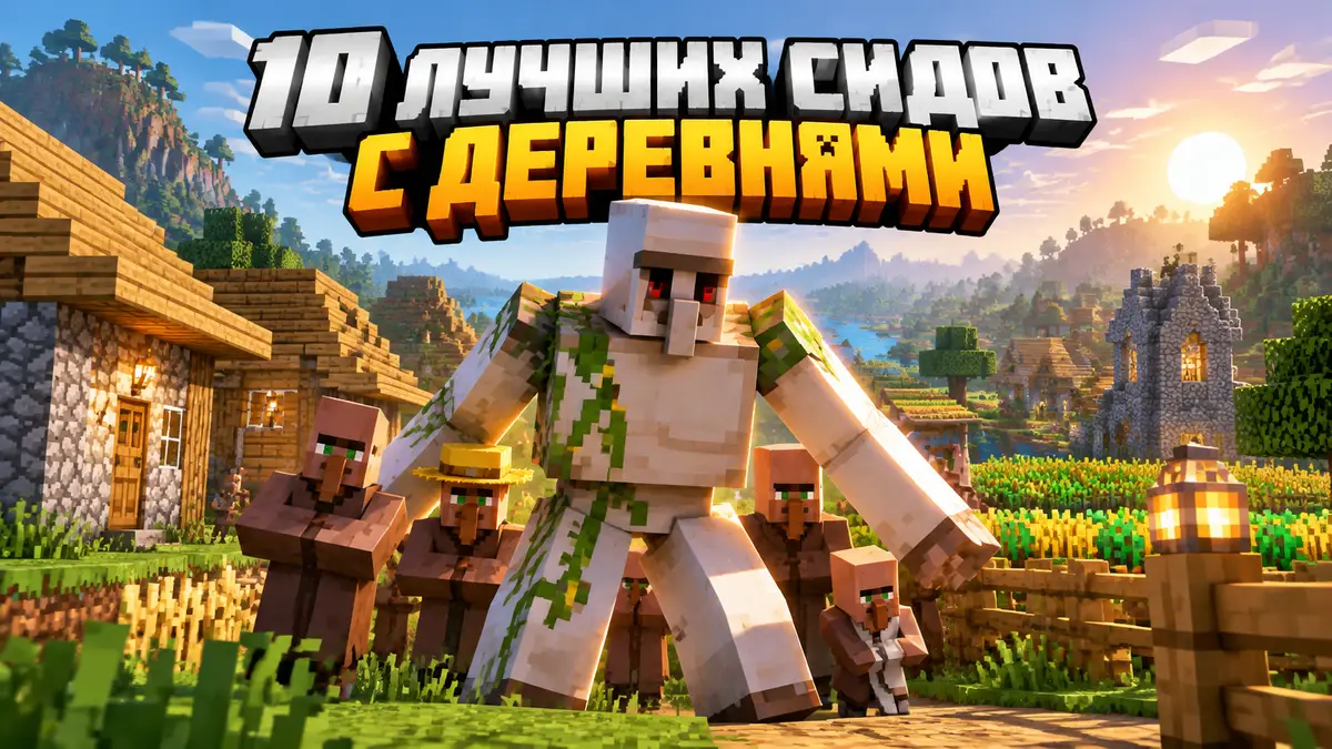 Железный голем защищает жителей у домов уютной деревни в пиксельном мире Minecraft