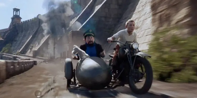 Tintin and Captain Haddock riding a motorcycle and side car in The Adventures of Tintin