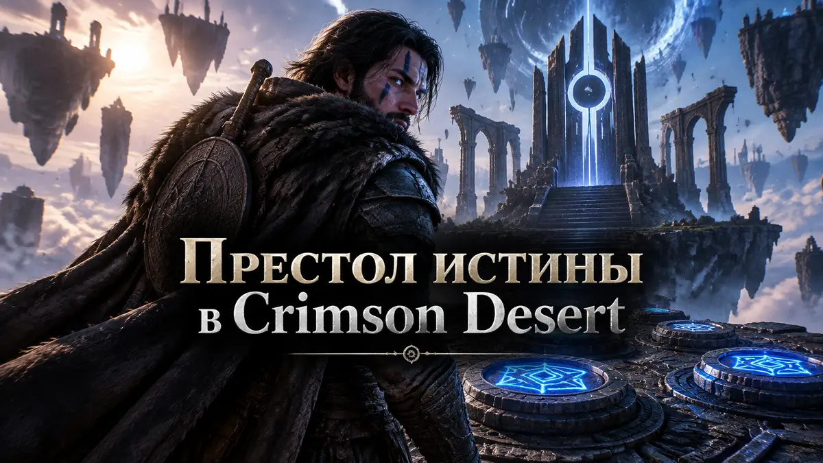 Престол истины в Crimson Desert: воин Kliff на парящем острове Бездны у светящихся синих кнопок