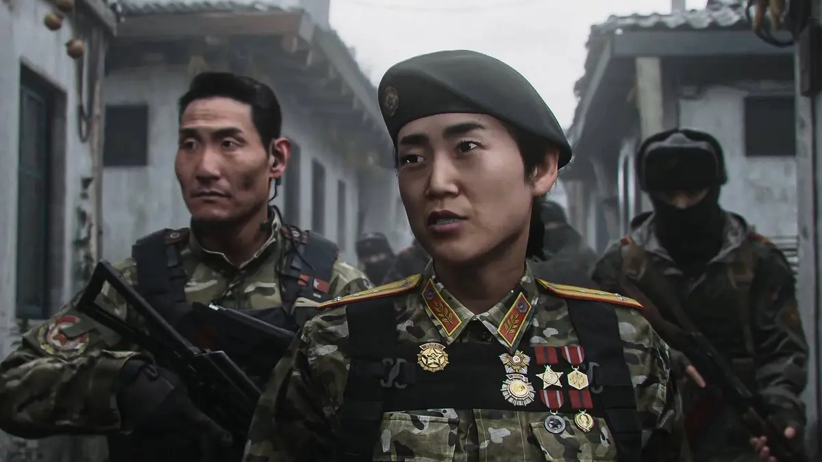 Korean soldiers walking through a village in Modern Warfare 4.