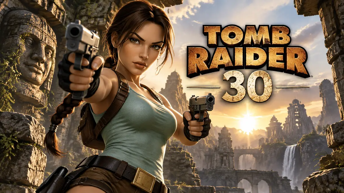 Лара Крофт с пистолетами среди древних руин в стиле игры Tomb Raider