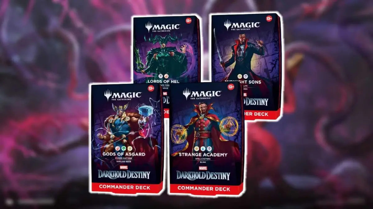 An Image of the four Marvel Darkhold Destiny MTG COmmander decks.