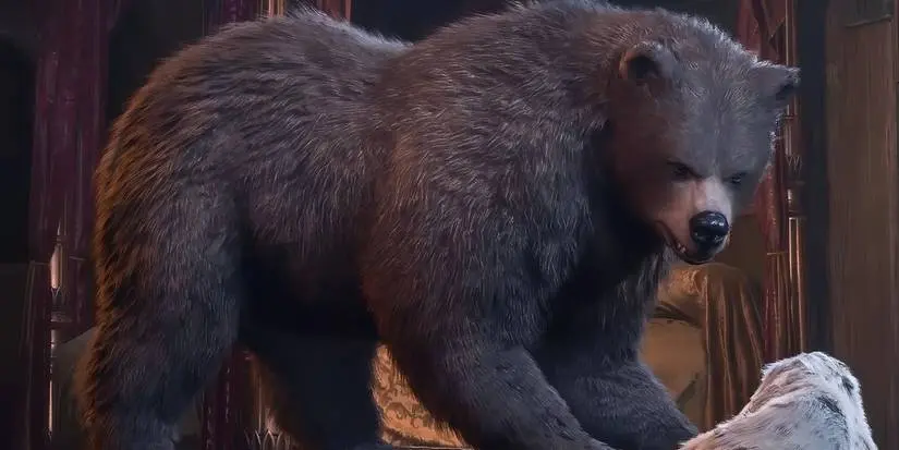 Orin disguised as Halsin in Bear Form standing over a wounded Scratch in Baldur's Gate 3.