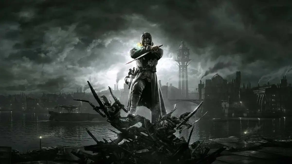 Dishonored Protagonist In Front Of City Backdrop