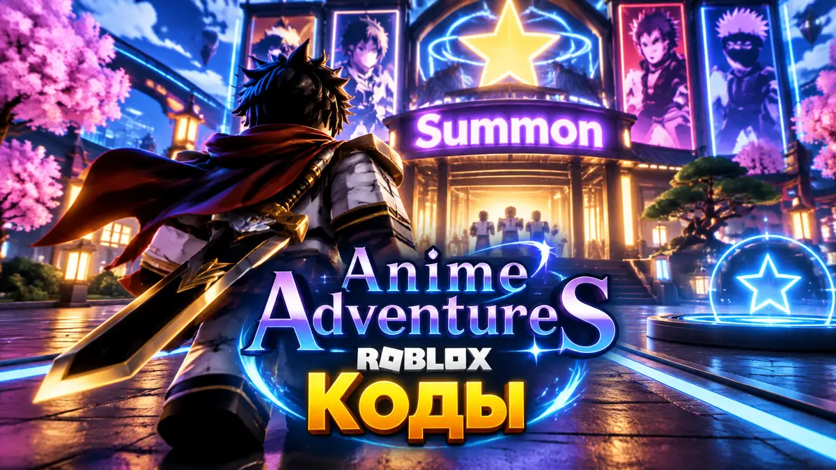 Воин в доспехах идёт к зданию с вывеской Summon, яркий аниме-стиль, логотип Anime Adventures Roblox