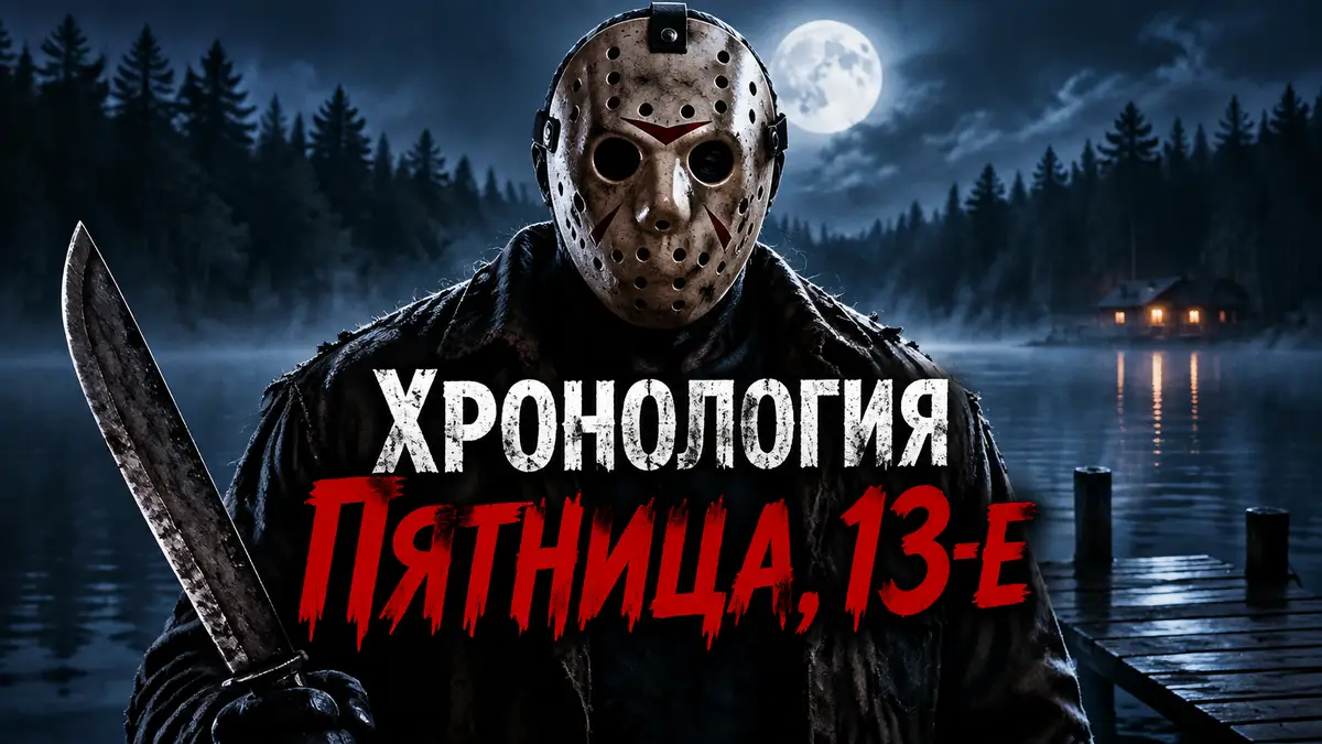 Маньяк Джейсон Вурхиз в хоккейной маске на фоне темного озера Хрустальное