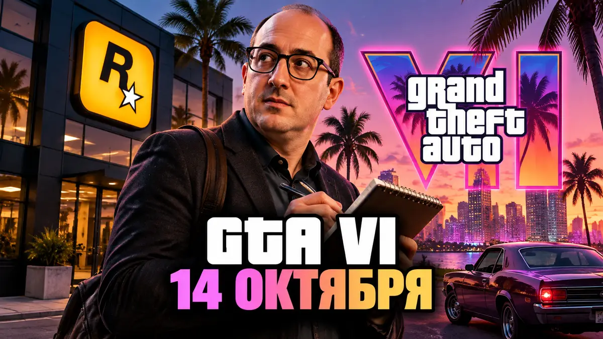 Джейсон Шрейер с блокнотом у офиса Rockstar Games, на фоне неоновый логотип GTA VI и пальмы Вайс-Сити