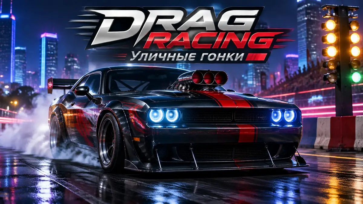 Тюнингованный драг-кар Drag Racing: Уличные гонки на старте ночной городской трассы в свете неона