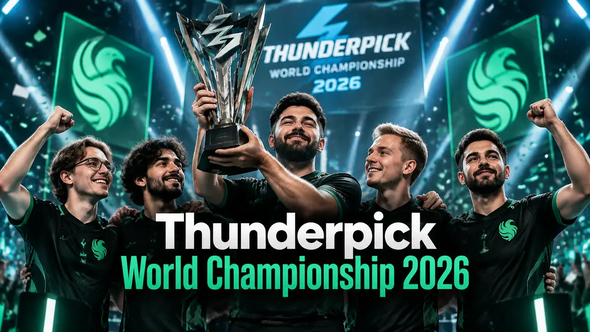 Игроки Team Falcons с трофеем на сцене Thunderpick World Championship 2026 по CS2 в свете прожекторов