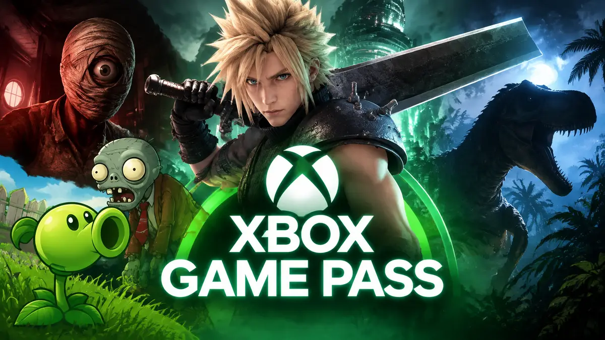 Клауд Страйф с мечом в центре постера Xbox Game Pass, рядом зомби, растения и силуэт динозавра