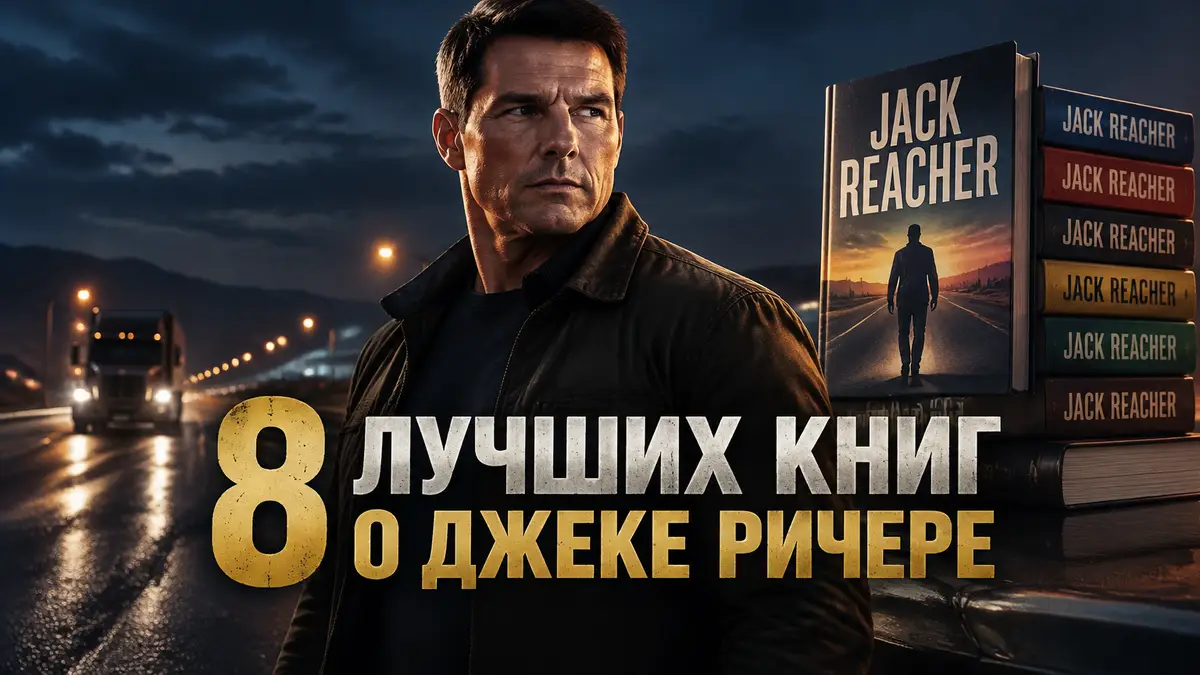 Джек Ричер, высокий широкоплечий мужчина, на фоне ночного шоссе и стопки книг с обложками серии