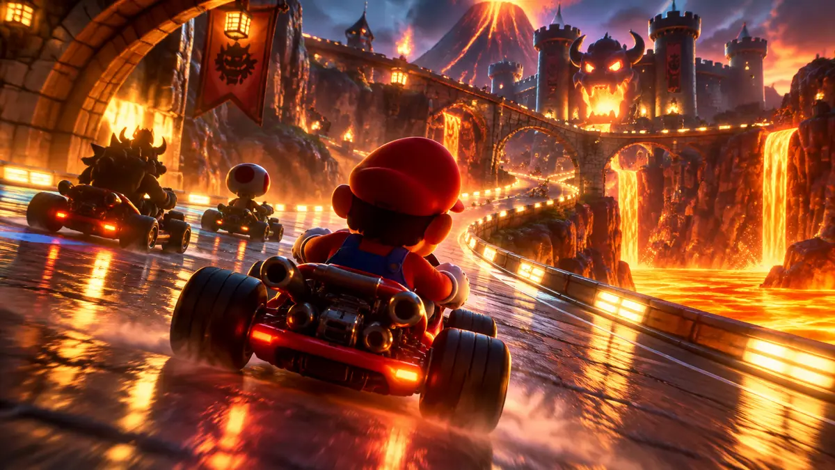 Марио в карте мчится по яркой трассе Super Mario Kart в мягком свете трассировки лучей, рядом течёт лава