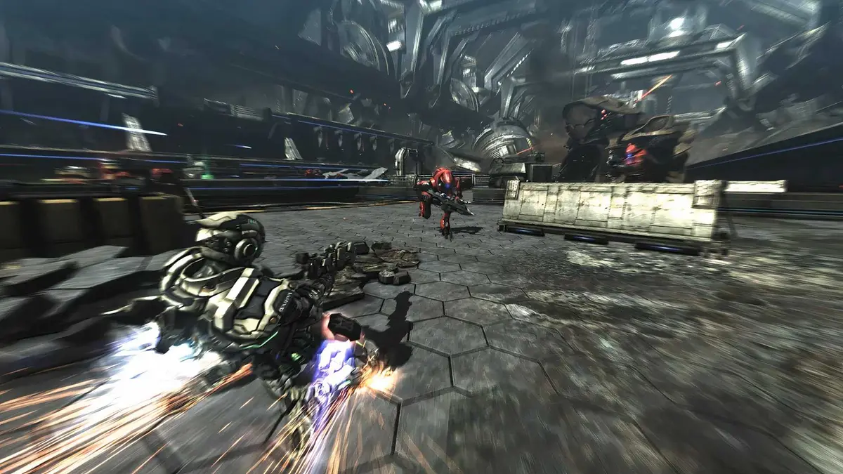 Sam blasting towards a robotic enemy