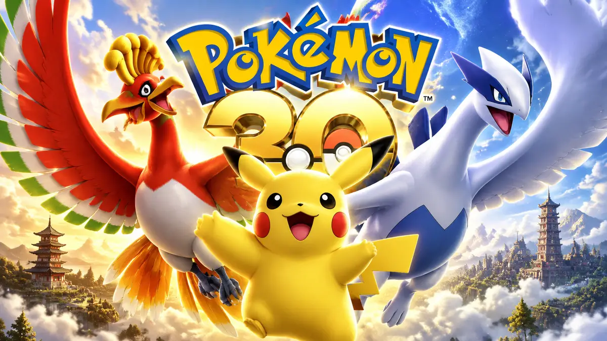 Покемоны Пикачу, Хо-О и Лугия в центре на фоне логотипа Pokémon к 30-летию серии, яркий постер