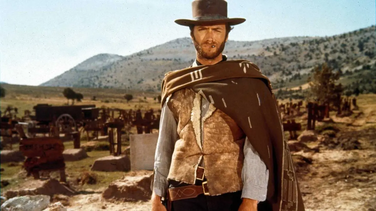 Clint Eastwood on the Western landscape, smoking and looking off camera as the Man with No Name in The Good, the Bad and the Ugly.